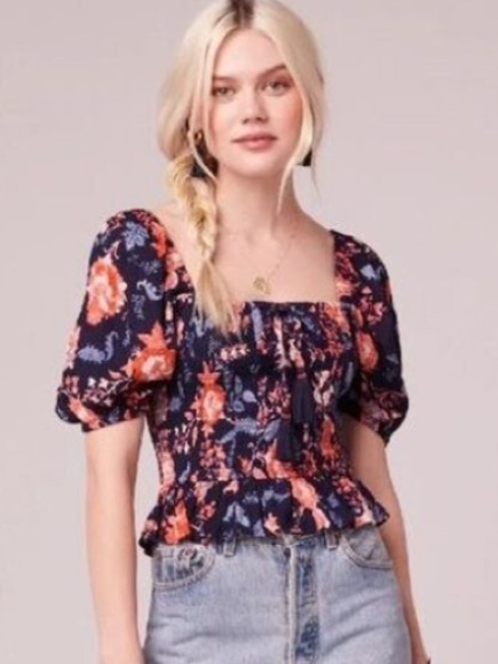 NWT $69 LEON NAVY FLORAL SMOCKED BODICE TOP